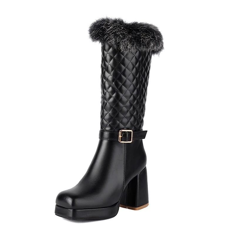 Plus Size Fur Patchwork PU Checkered Ankle Belt Buckle Side Zipper Fashion Boots Square Toe Super High Thick Heel Warm Boots