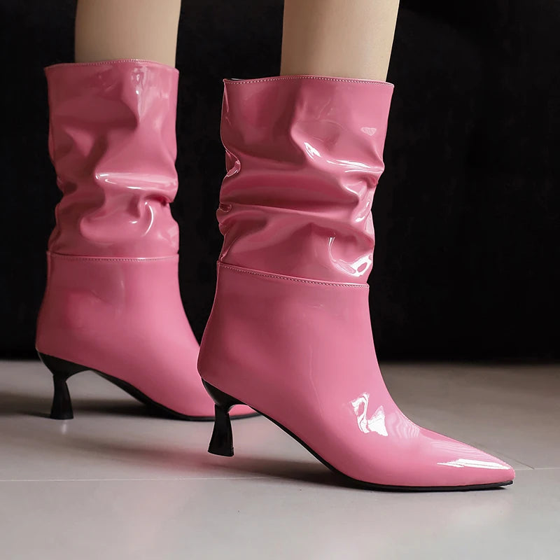 Plus Size Glossy Paint Leather Upper Macaron Color Pointed Slip-On Mid-calf Boots Sewing Shaped Heels Concise Women's Boots