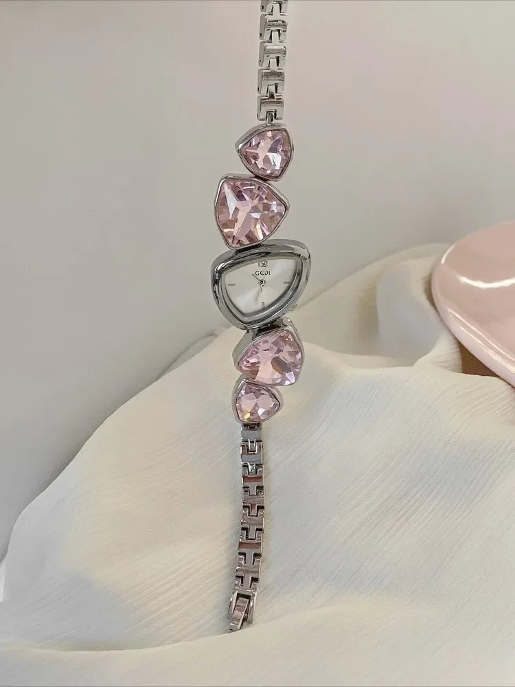 Creative Irregular Women's Bracelet Light Luxury Pink Gemstone Fashion Bracelet Silver Women's Quartz Watch Reloj Mujer