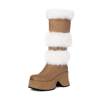 Matte Velvet Patchwork Fur Round Toe Thick Sole Sponge Cake Heel Thick Plush Fur Boots Slip On Height Increasing Knee High Boots