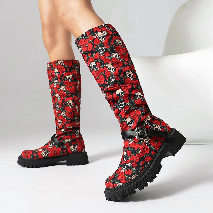 Red Flower Pattern Rivet Metal Belt Buckle Women's Knee High Boots Round Toe Thick Heel Waterproof Table Leopard Print Boots