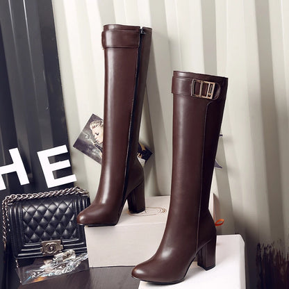 Plus Size Metal Belt Buckle Decorative Round Toe Thick Heel Knee High Boots Soft Surface PU Side Zipper Women's Boots