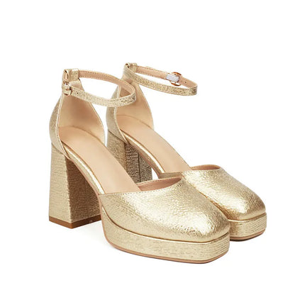 Golden Silver Closed Toe Women Shoes Spring Summer Shallow Mary Janes Pumps Big Size 47 48 Chunky High Heels Platform Sandals