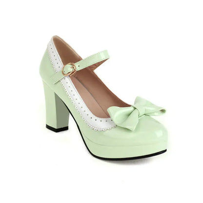 Yellow Purple Mint Green Round Closed Toe Autumn Women's Shoes Platform Pumps With Bowtie Lolita Ladies Dress Mary Janes Heels