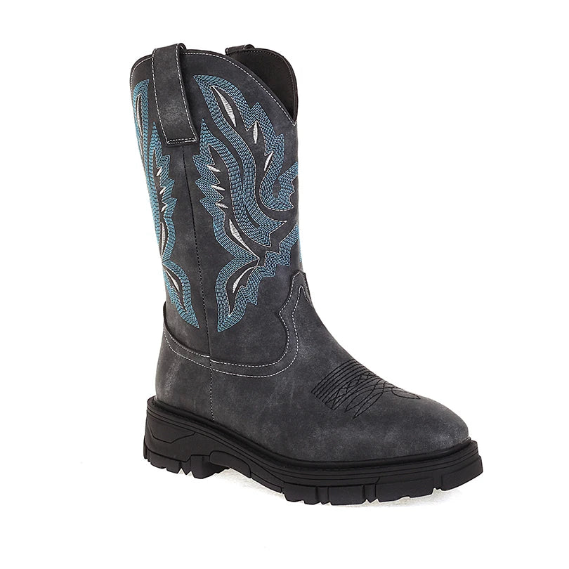 Plus Size Square Stitch Embroidered Women's Western Boots With Thick Soled Sponge Cake And Embroidered Mid Calf Boots