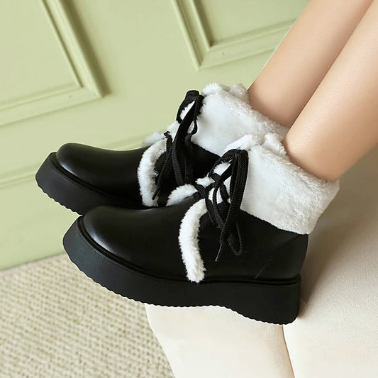 Fur Splicing PU Classic Retro Thick Plush Inner Winter Long Short Boots Flat Heel Thick Bottom Warm Tie Up Snow Boots