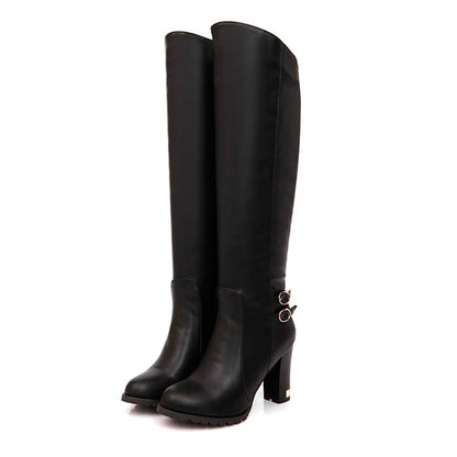 Plus Size Ultra-High Thick Heel Double Row Needle Buckle Side Zipper Knight Boots Warm Plush Lining Knee Boots For Winter Women