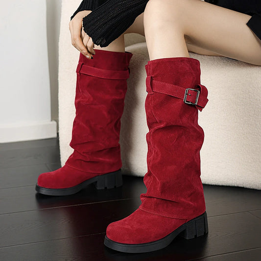 Matte Flock Material Metal Belt Buckle Thick Soled Casual Long Boots With Plush Lining Slip-On Classic Knee High Boots