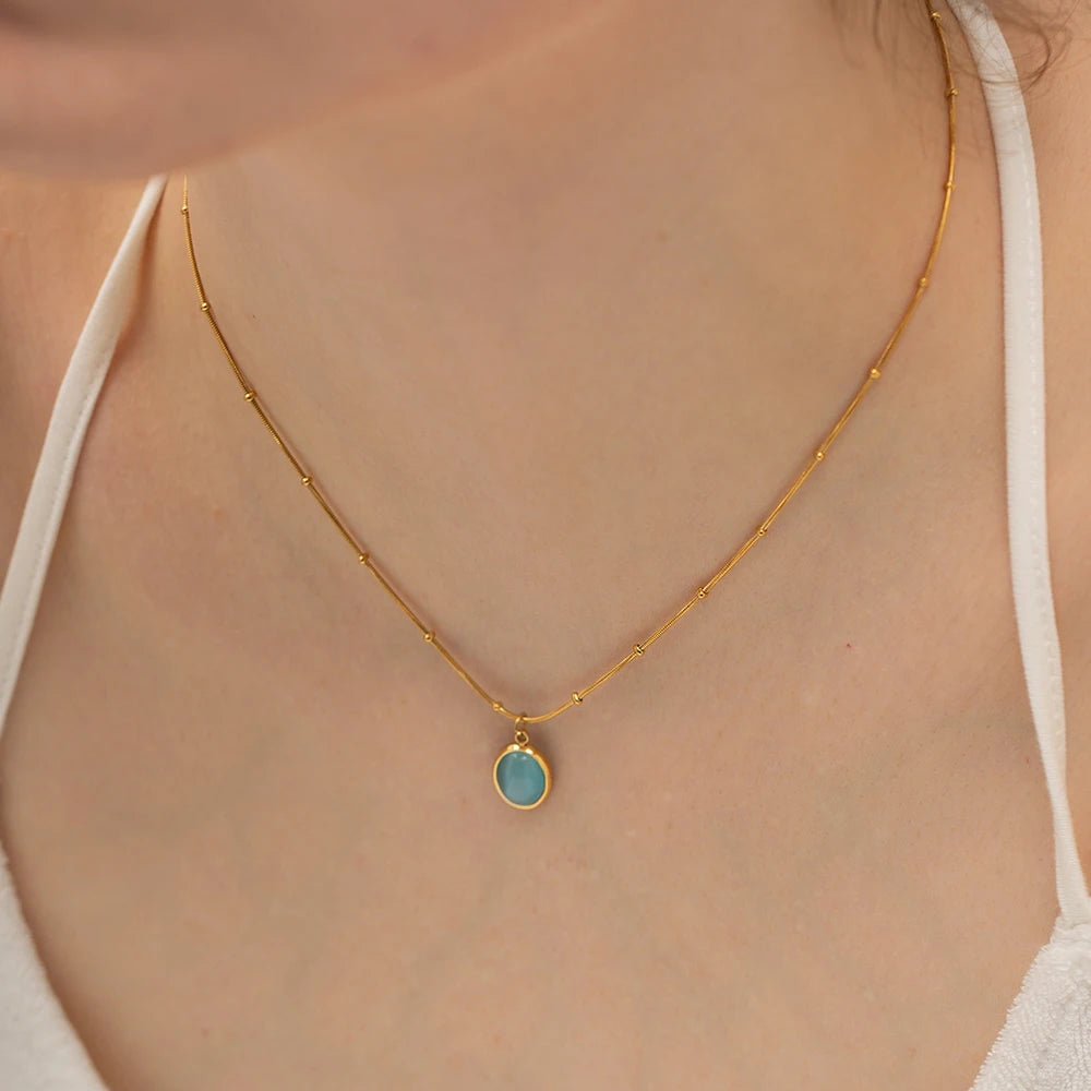 Youthway 18K Gold Plated Stainless Steel Blue Opal Necklace Metal Rust Proof PVD Chic Jewelry Bijoux Femme