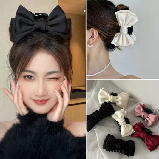 Korean Fashion Big Bow Hair Claw Ribbon Black White Two-sided Hair Clip Claw Clamp Headwear Girls Women Hair Accessories