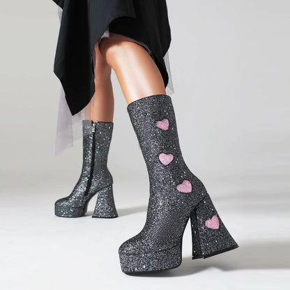 Heart Shaped Sequin Fabric Material Color Block Women's Mid Boots Platform High Shaped Conical Heel Thick Plush Lining Boots