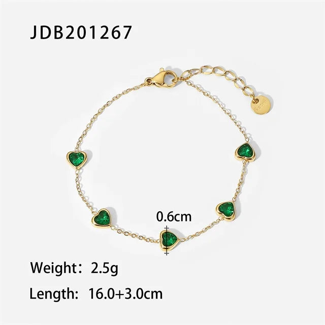 Youthway Green Heart-shaped Cubic Zirconia Bracelet Stainless Steel Plated Minimalist Bracelet Bijoux Femme Anniversary Gift