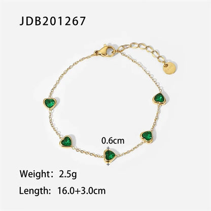 Youthway Green Heart-shaped Cubic Zirconia Bracelet Stainless Steel Plated Minimalist Bracelet Bijoux Femme Anniversary Gift