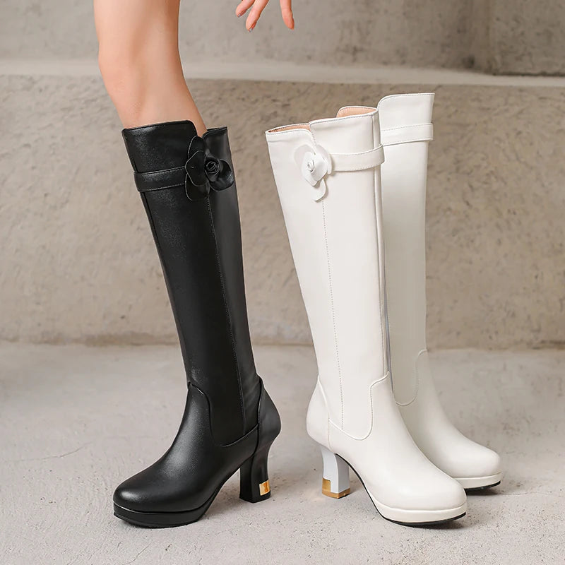 Round Headed Platform Ultra-High Thick Heel Side Zipper Breathable Autumn New Knee High Boots Flower Decal Office Knight Boots