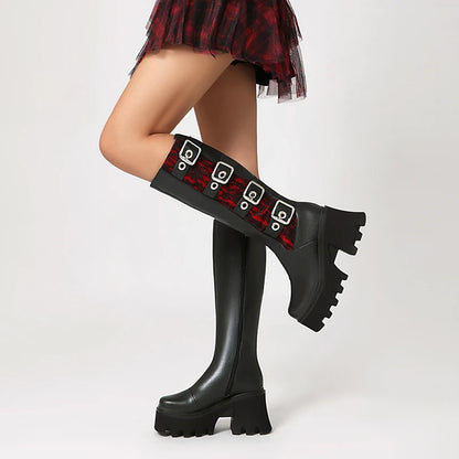 Elastic Velvet Splicing PU Punk Style Row Metal Belt Square Buckle Boots High Platform Thick Heel Zipper Plush Lining Knee Boots