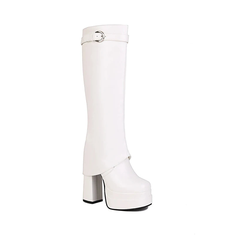 2024 Plus Size Turned-Over Edge Women's Knee-High Boots Warm Plush Inner Super Thick Heel Three-Layer Platform Buckle Shoes