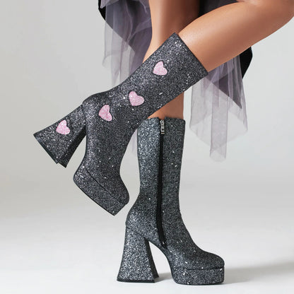 Heart Shaped Sequin Fabric Material Color Block Women's Mid Boots Platform High Shaped Conical Heel Thick Plush Lining Boots