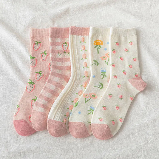 Japanese Harajuku Style Kawaii Woman Socks Cotton with Strawberry and Flower Funny and Pink Socks Women 121702