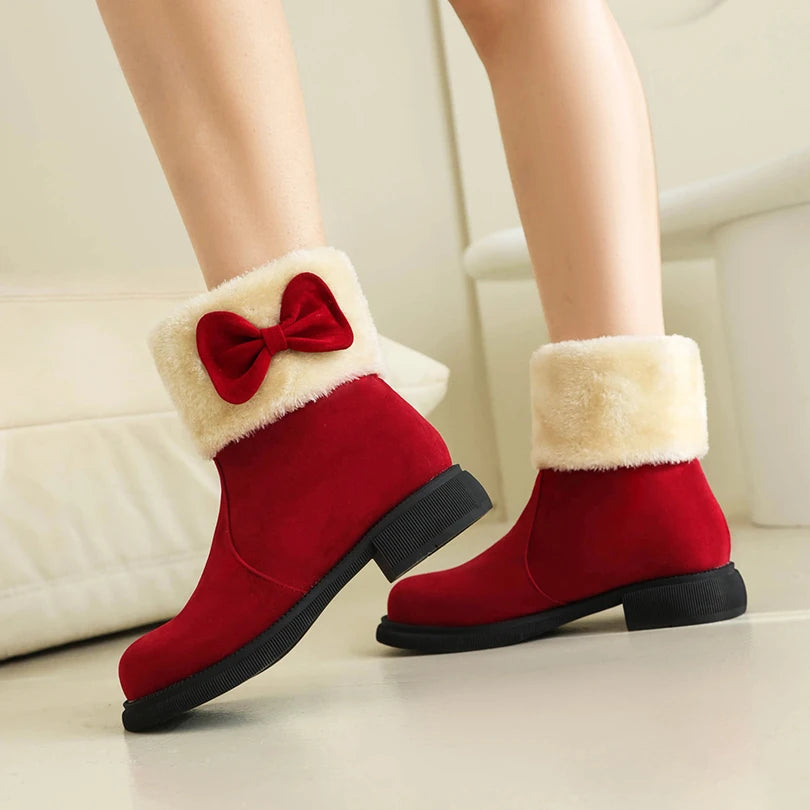 Fur Patchwork Frosted Flock Thick Fur Lining Anti Slip Flat Bottom Snow Boots With Bow Tie Decals Cute Slip-On Girls' Short Boot