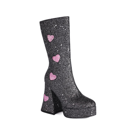 Heart Shaped Sequin Fabric Material Color Block Women's Mid Boots Platform High Shaped Conical Heel Thick Plush Lining Boots