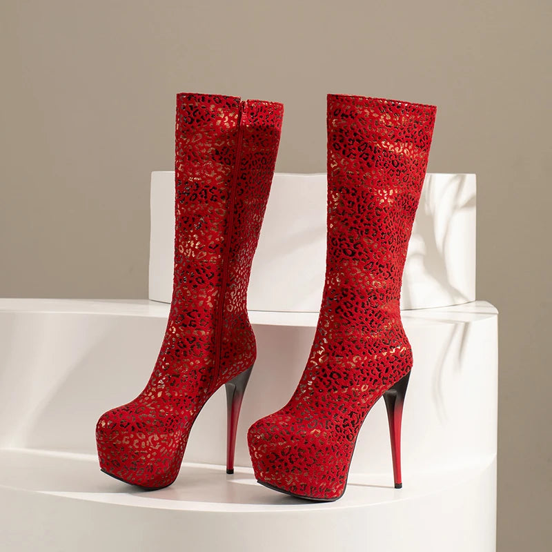 Velvet Print Knee Boots High Platform Zip Plush Inner Rose Red Party Shoes