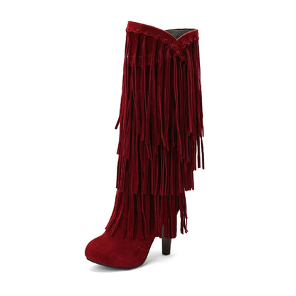 New High-Heeled V-Neck Fringed Women's Boots