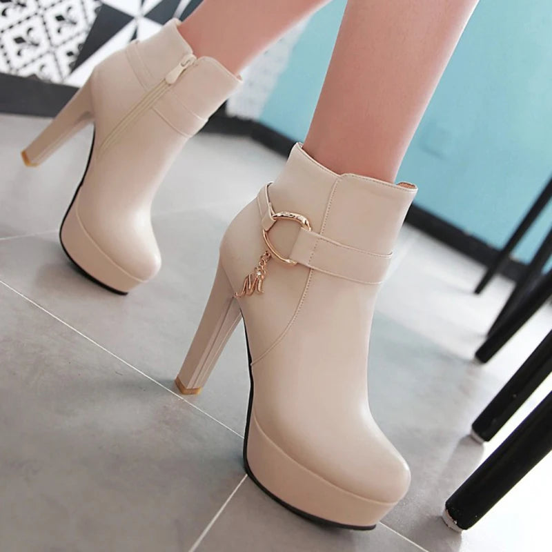 Gold Metal Belt Buckle Side Zipper Super High Thick Heel Short Boots Short Plush Lining Simple Fashion Women's Boots