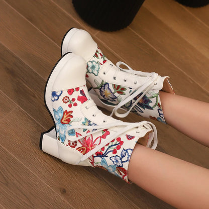 Embroidered Flower Lace Up Women's Short Boots With Round Toe Waterproof Platform Print, Simple Casual Boots With Medium Heels