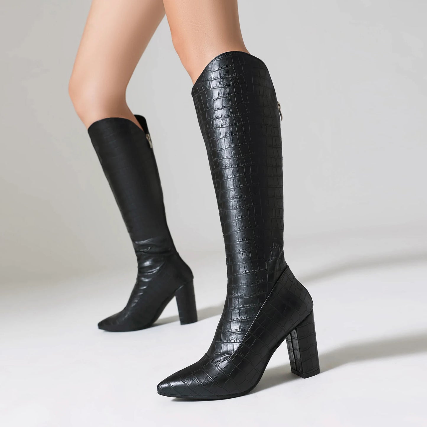 Stone Striped Pointed Toe Super High Thick Heels Sexy Knee High Boots Breathable Inner Lining Zippered Women's Riding Boots