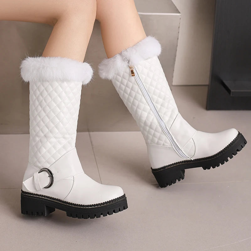 Fur Metal Belt Buckle Plush Inner Mid-Calf Boots