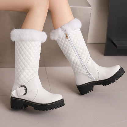 Fur Metal Belt Buckle Plush Inner Mid-Calf Boots