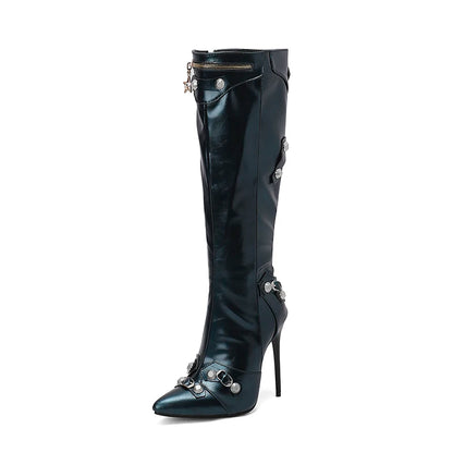 Plus Size Rivet Metal Zipper Decoration Punk Sexy Knee High Boots Pointed Tips Ultra-High Thin Heels Plush Women's Boots 2024