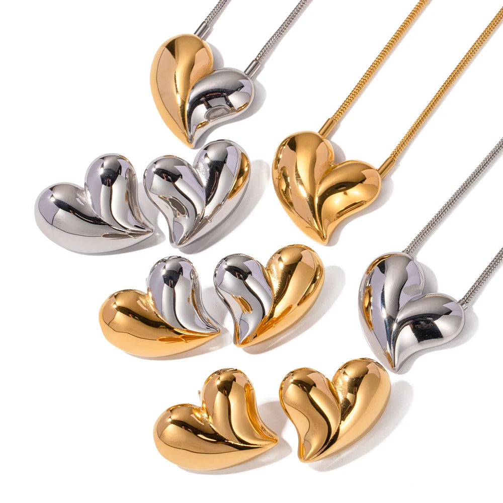 Youthway Gold Silver Color Exaggerated Big Heart Shaped Stainless Steel Stud Earrings Pendant Necklace Set Female Jewelry