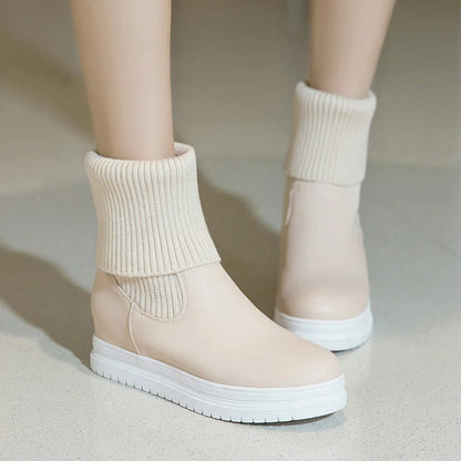 Knitting Wool Splicing PU Slip-On Women's Mid-calf Boots With Flat Heels And Thick Soles For Winter Warmth Office Boots