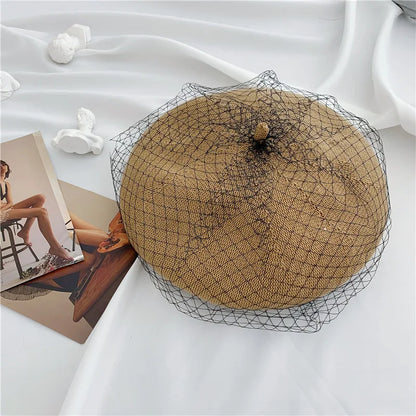 Beret hat women pearl net yarn painter hat