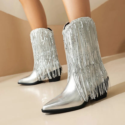 Sharp Pointed Thick Heel Super Fiber PU Shiny Tassel Autumn Women's Boots Slip On Bling Bling Thin Stripe Tassel Mid-Calf Boots