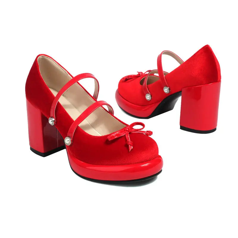 Velour Velvet Pink Red Round Toe Platform Women Mary Janes Shoes Double Buckle Strap Chunky Block High Heels Lady Lolita Pumps