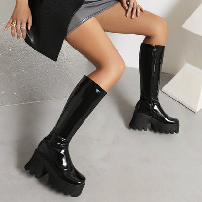 Square Toe Ultra-High Platform Non-Slip Rubber Platform Heel Knee Boots Simple Style Bright Patent Leather Height-Enhancing Shoe