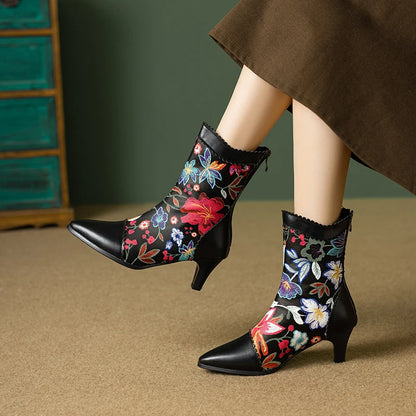 Plus Size Ruffle Edge Embroidered Flower Pointed Cat Heel Mid-calf Boots Printed Back Zipper Ethnic Style Autumn Winter New Boot