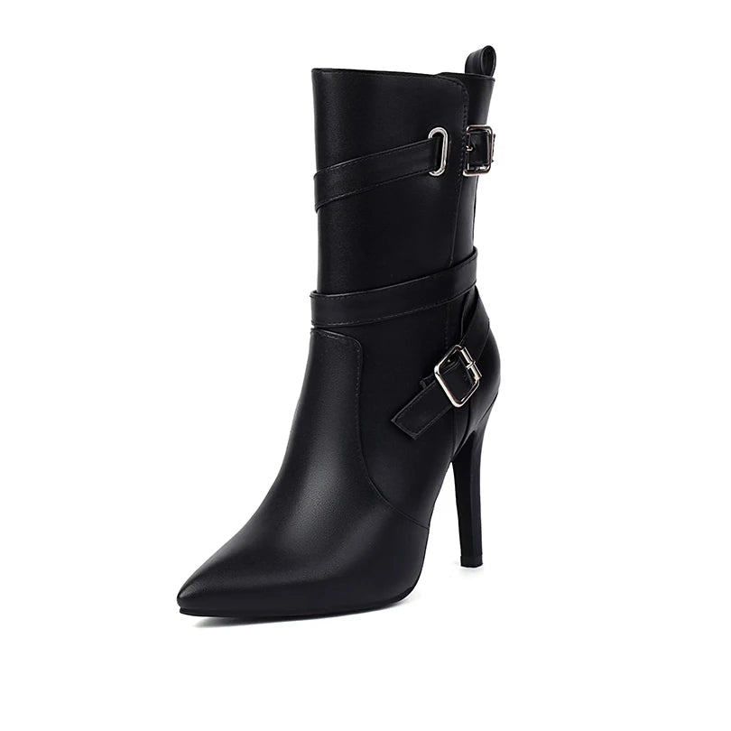 Plus Size Cross Metal Belt Buckle Pointed Ultra-High Thin Heel Side Zipper Sexy Boots Breathable Interior Fashion Mid-calf Boots