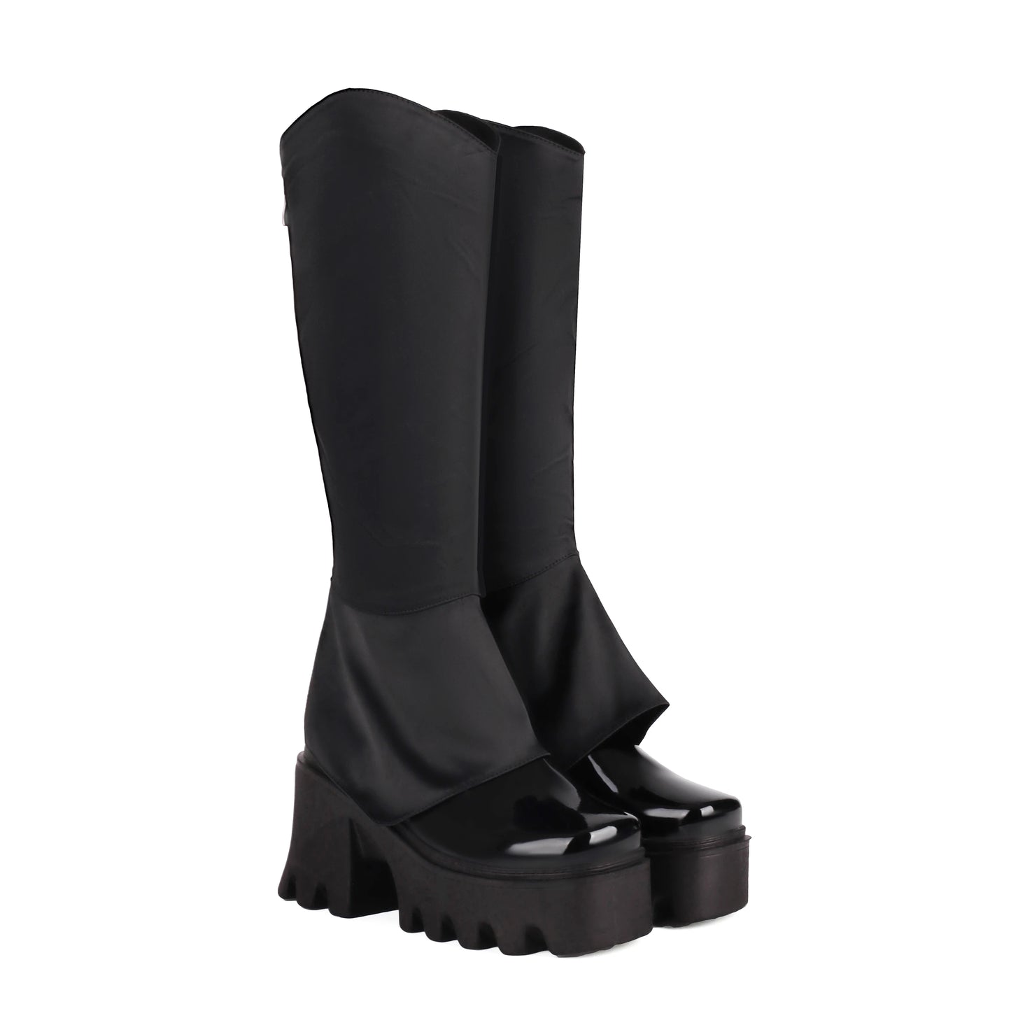 Soft Elastic Fabric Stitching Shiny Patent Leather Square Toe Extra High Height Thick Heel Knee High Boots Platform Zipper Boots