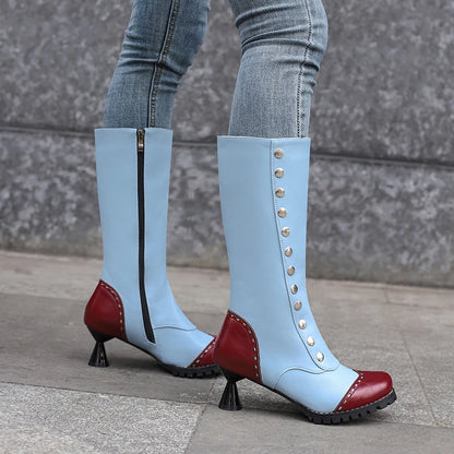 Plus Size Shaped Wine Cup Heel Side Zipper Colored Women's Knee Length Boots Round Metal Rivets Novelty Sweet Knight Boots