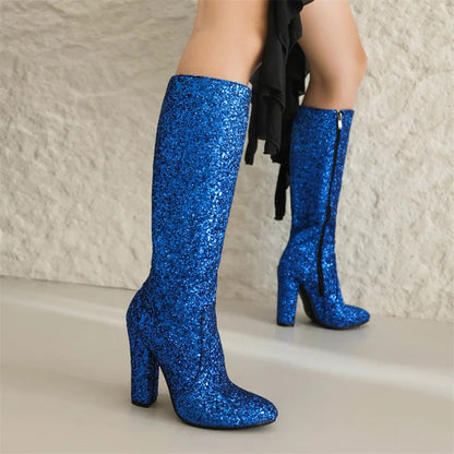 Ladies Long Botas Party Shoes for Women Gold Sliver Blue