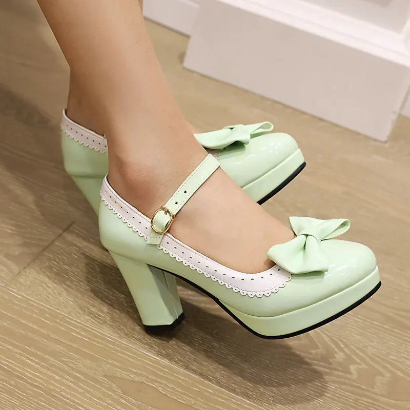 Yellow Purple Mint Green Round Closed Toe Autumn Women's Shoes Platform Pumps With Bowtie Lolita Ladies Dress Mary Janes Heels