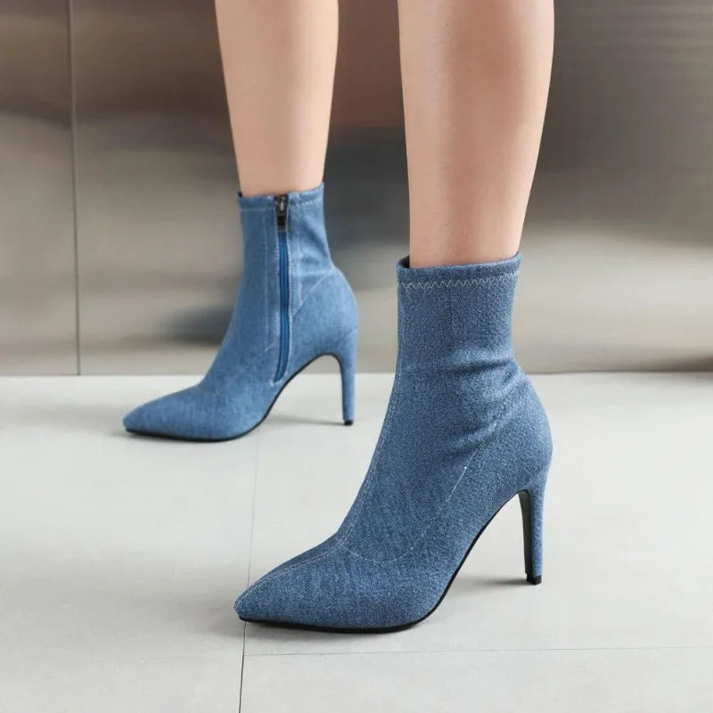 Autumn Sexy Stiletto Denim Ankle Boots Ladies 10cm High Heel Party Dark/light Blue Black Shoes for Women 2023 Plus Size 43 44 45