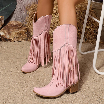 Plus Size Flock Velvet Material Wood Grain Coarse Heel Fringe Fine Strip Slip On Women's Mid-Calf Boots Plush Lining Knight Boot