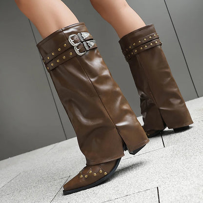 Plus Size Double Row Metal Belt Buckle Rivet Punk Style Street Trend Mid-Calf Boots Breathable Lining Fashion Women's Shoes