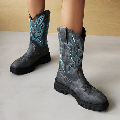 Plus Size Square Stitch Embroidered Women's Western Boots With Thick Soled Sponge Cake And Embroidered Mid Calf Boots