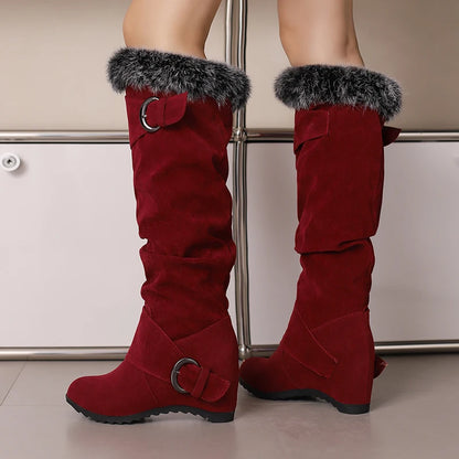 Fur Splicing Frosted Flock Material Double Row Metal Belt Buckle Knee High Boots Round Toe Sloping Heel Flat Bottom Warm Boots