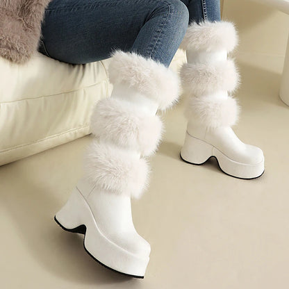 Matte Velvet Patchwork Fur Round Toe Thick Sole Sponge Cake Heel Thick Plush Fur Boots Slip On Height Increasing Knee High Boots